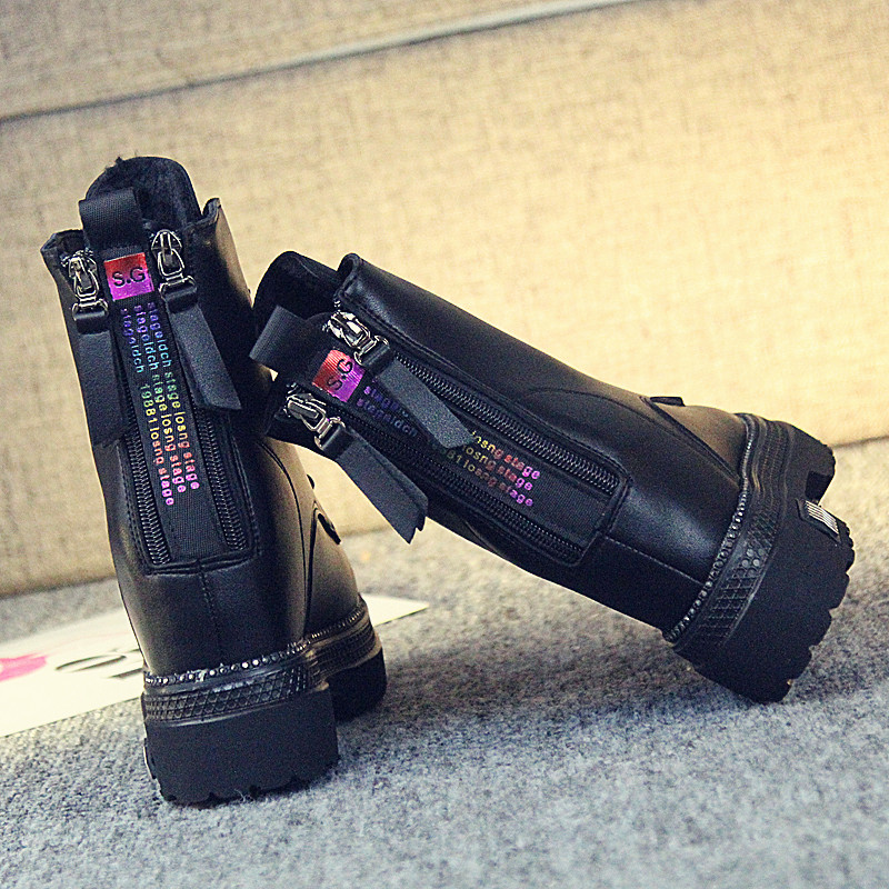 Inside heightening rear pull chain dazzling water drill short boots women 2021 springtime thick bottom ins slim boots with velvety boots for women boots