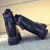 Inside heightening rear zip dazzling water drill short boots women 2021 springtime thick bottom ins slim boots with velvety boots with feminine boots