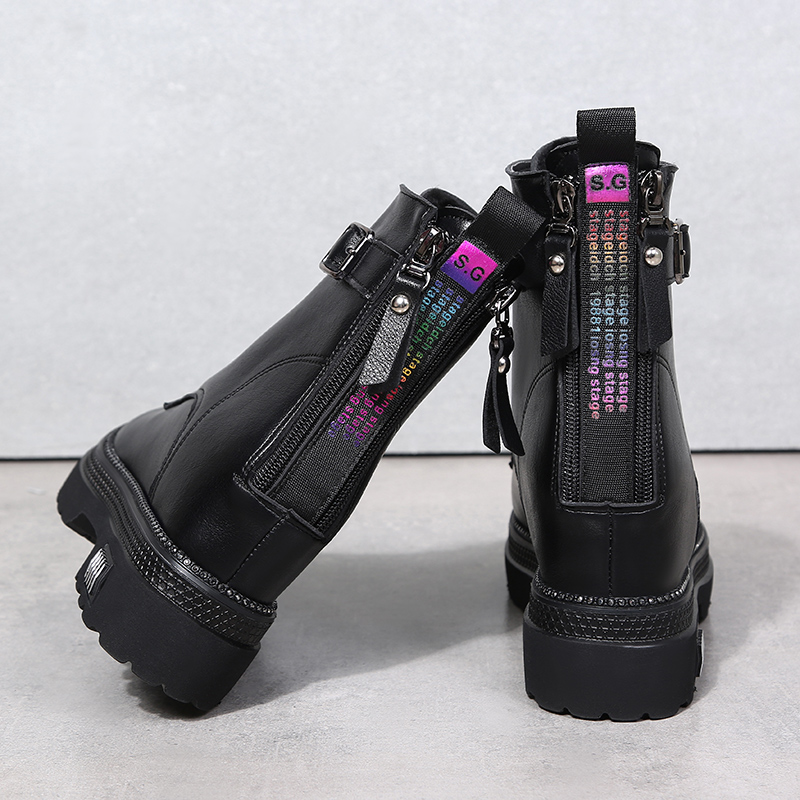 Inside heightening dazzling double pull chain short boot female plus suede thickened warm cotton shoes Snow ground boot thick bottom pine pastry Martin boots