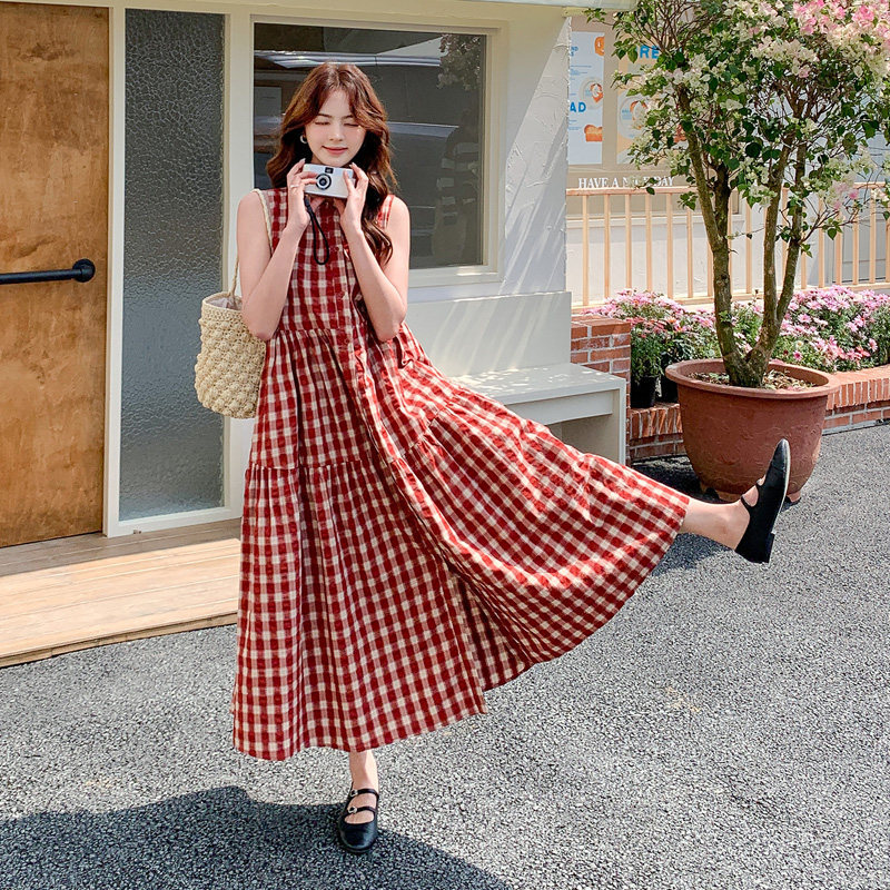 Pregnant Women's Red Plaid Vest Dress 2026 Summer New Style French Retro Sweet Elegant Dress