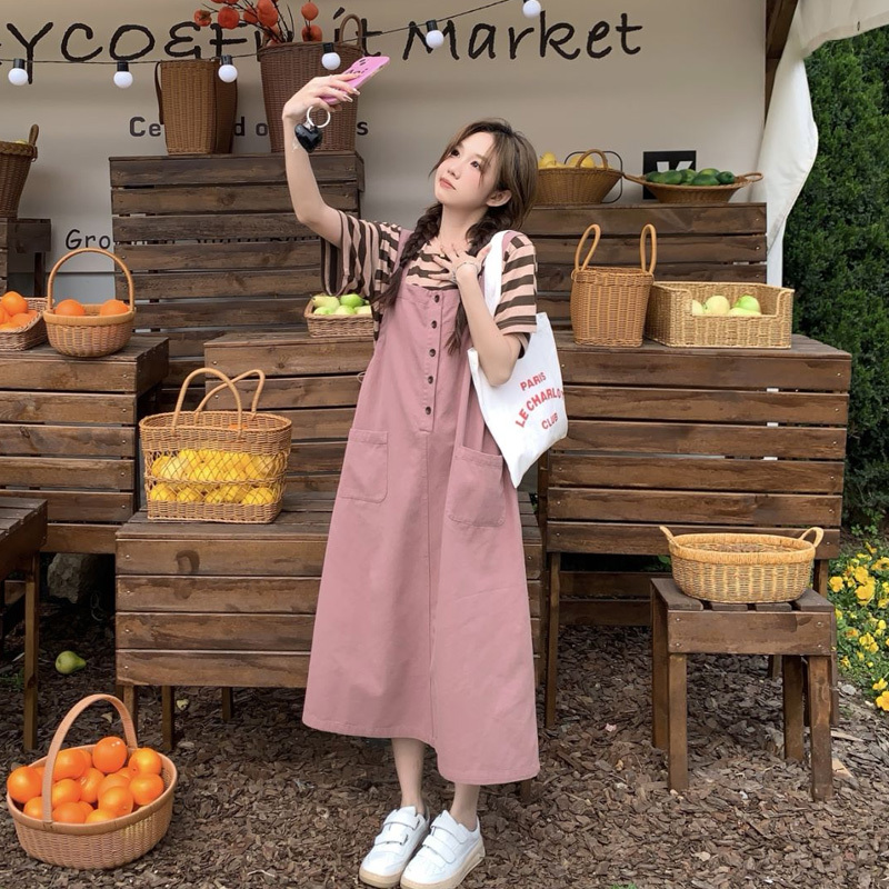 Maternity Pink Suspender Dress for Women 2026 Summer New Large Size Loose Sweet Age-Reducing Two-Piece Suit Dress