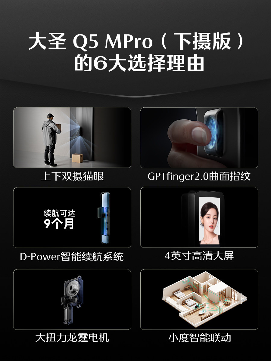 Deschmann Smart Door Lock Fingerprint Lock Large Screen Peephole Fingerprint Lock Home Password Lock Q5Mpro Lower Camera Version