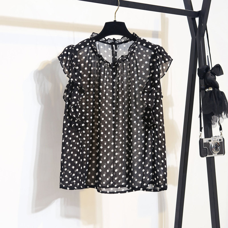 Women's Shirt 2026 New Summer High-End Black Polka Dot Ruffle Sleeveless High-End Sheer Chiffon Top