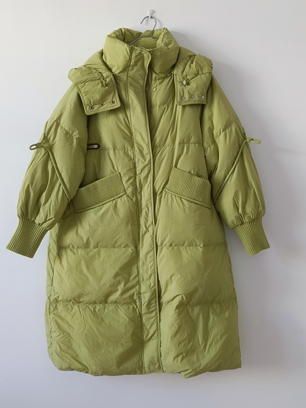 Grass Green Large Pocket Long Hooded Casual down Jacket