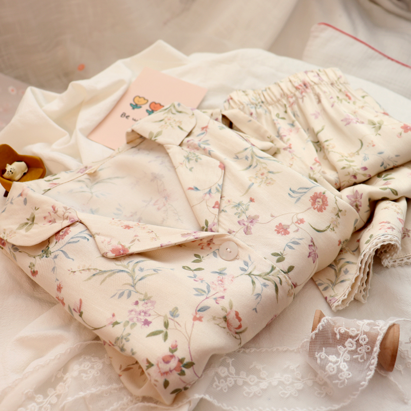 Monet Garden Rosewood Series ~ Spring Autumn Chao Softly Skin Tribute Satin Cotton Pyjamas Short Sleeve Long Pants Temperament Suit