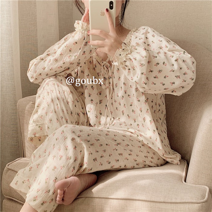 Retro Age Reduction ~ Mori Girl Spring and Autumn Sleeping Girl Sweet Floral Top Trousers Thin Section Can Be Worn Suit