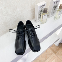 Leather British style low heel single shoes womens lace black square head Middle heel cowhide small leather shoes casual retro leather shoes women