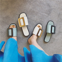 2022 new summer outdoor wearing genuine leather flat bottom lined with slippers female metal square button cool slippers lazy people half slippers