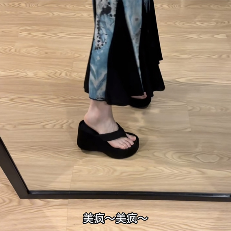 Sheepskin Comfortable Genuine Leather Chunky Heel High-Heeled Flip-Flops for Women, Summer Wedge Heel Thick-Soled Half-Slippers, Platform Slippers