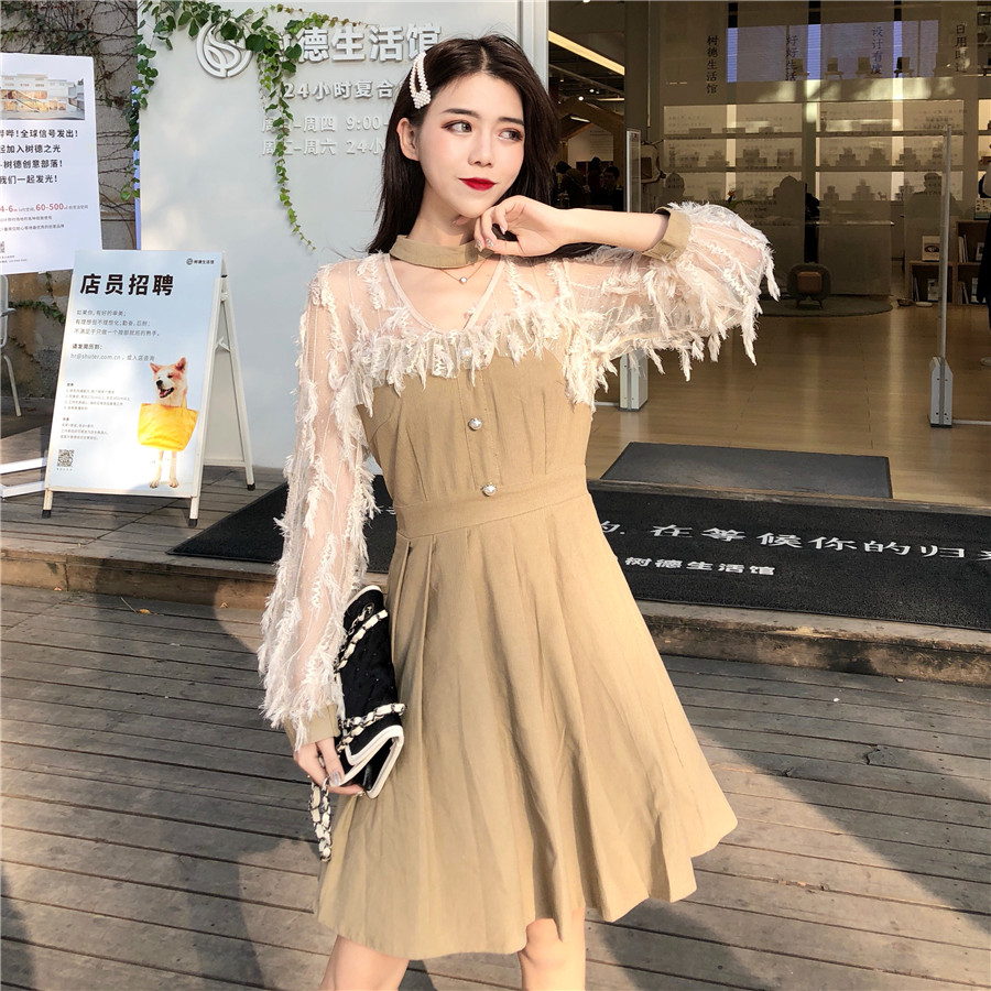 VK旗艦店 韓系名媛圓點流蘇蕾絲仙女長袖洋裝