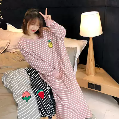 Striped fruit nightdress pure cotton long-sleeved long version of cute spring and autumn pajamas can be worn outside loose women's autumn and winter home clothes