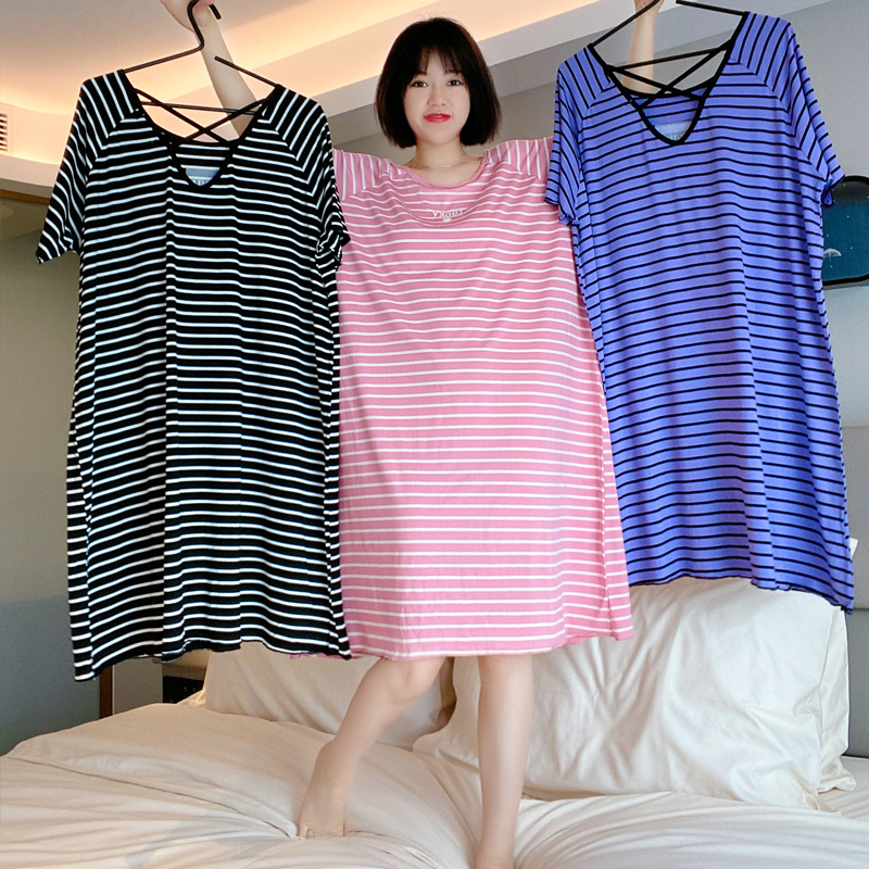 Striped love night dress women's summer modal halter short sleeve cute pajamas cotton loose fat MM thin section home clothes