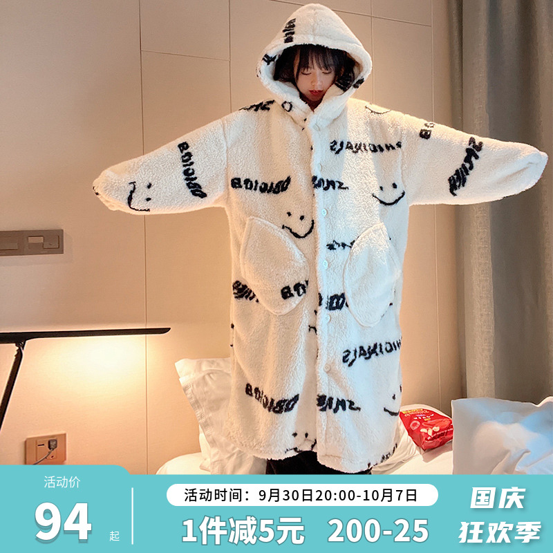 Smiley letter coral velvet pajamas women's winter plus velvet thickened hooded nightgown nightdress couples home service men's winter suit