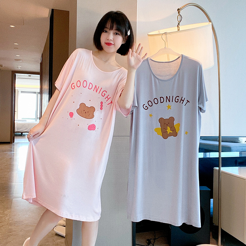 Good night Little Bear Modale Short sleeves Sleeping Skirt Woman Summer Long Edition Cute Cartoon Pyjamas Spring Autumn Thin family clothes