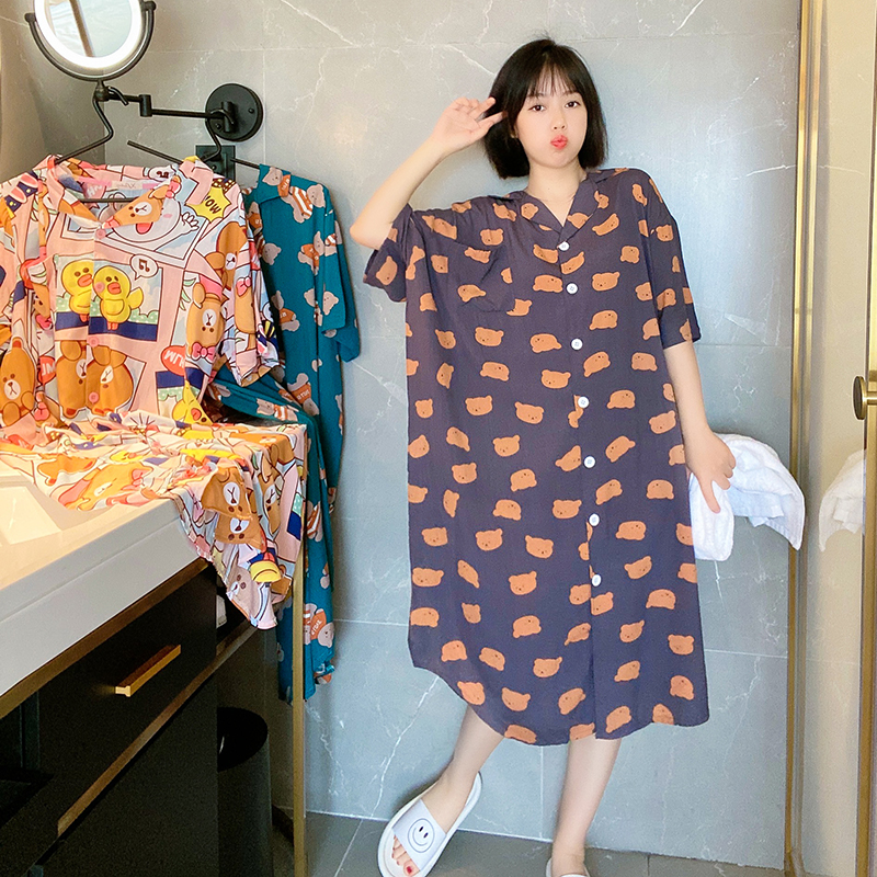 Multi-color cartoon cotton silk night dress women's summer short-sleeved cardigan pajamas long loose fat MM large size thin home clothes