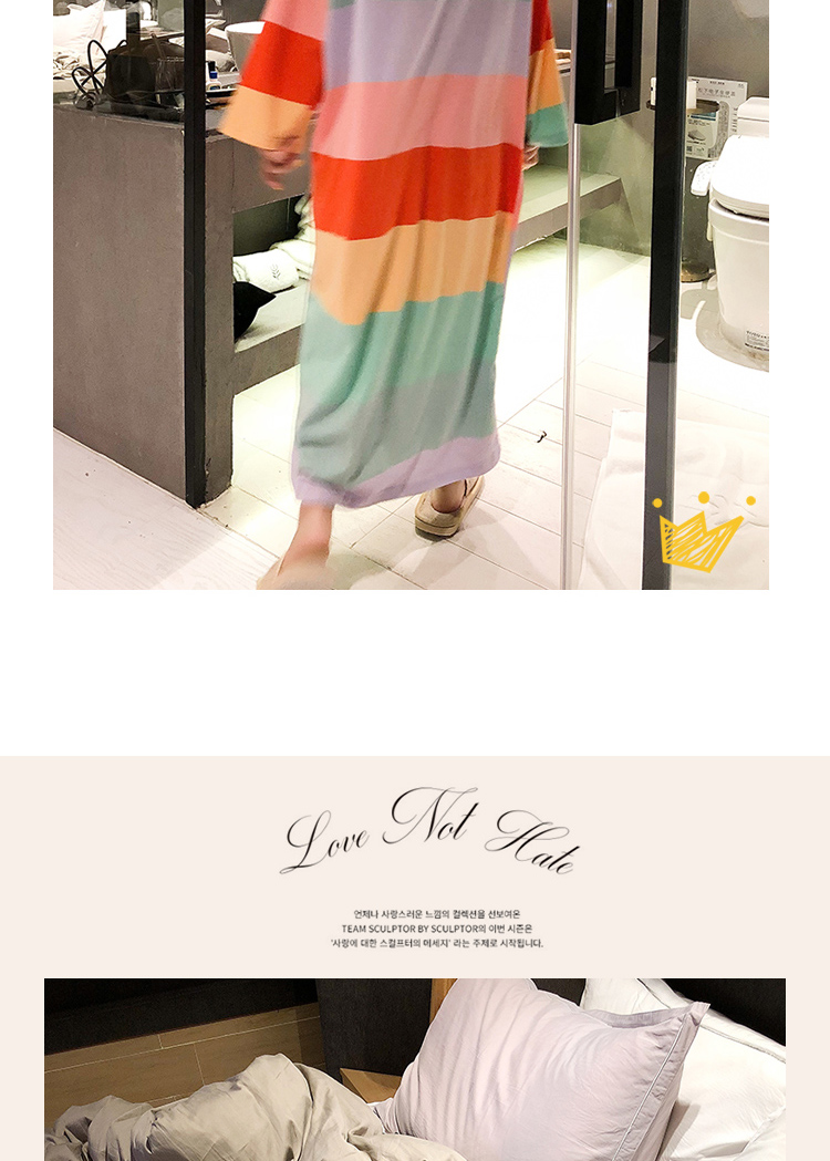 Váy sọc cầu vồng nữ mùa thu cotton dài tay thả lỏng dài dễ thương phiên bản Hàn Quốc của bộ đồ ngủ cỡ lớn phục vụ mùa đông đầm trắng dự tiệc