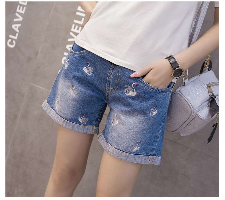 Phụ nữ mang thai jeans shorts lỏng mùa hè xà cạp thêu giản dị dạ dày lift quần mùa hè mặc bên ngoài mặc 2018 new