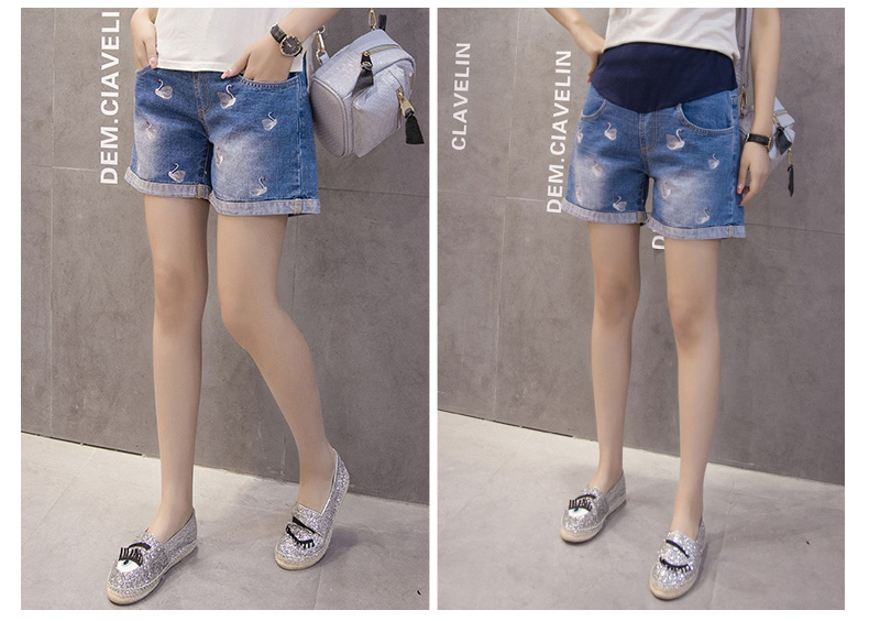 Phụ nữ mang thai jeans shorts lỏng mùa hè xà cạp thêu giản dị dạ dày lift quần mùa hè mặc bên ngoài mặc 2018 new