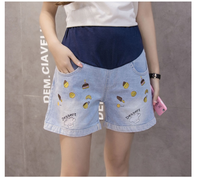 Phụ nữ mang thai jeans shorts lỏng mùa hè xà cạp thêu giản dị dạ dày lift quần mùa hè mặc bên ngoài mặc 2018 new