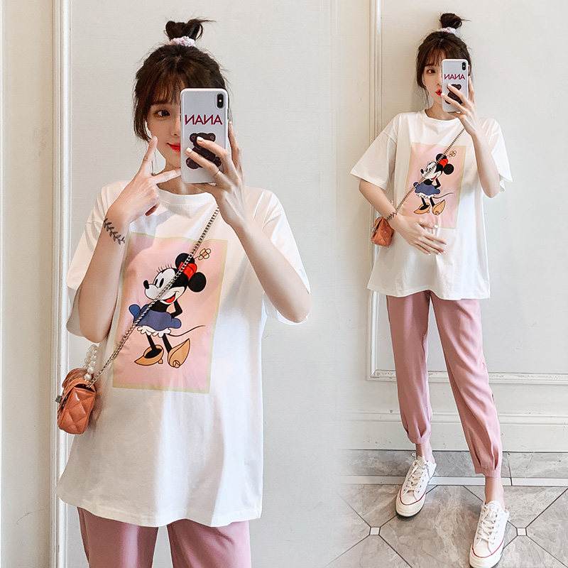 2022 Maternity Two-Piece Set New Summer Cartoon Mid-Length Cotton T-Shirt For Women with Side Striped Belly Pants