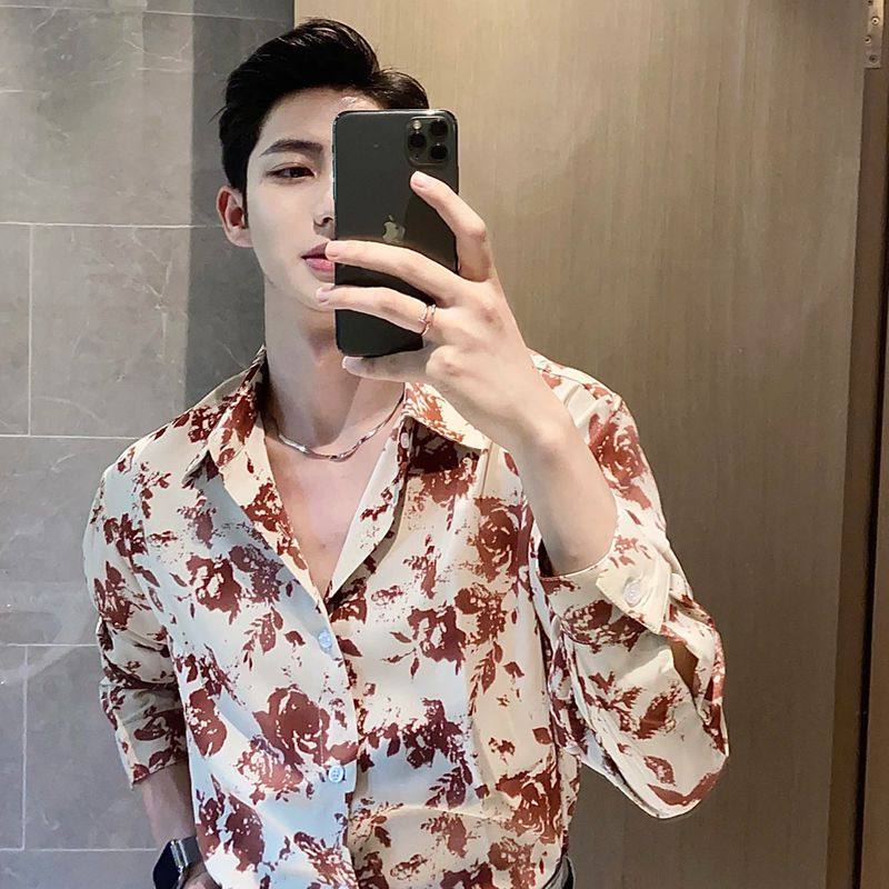 Plus Size 150kg Men's Long-Sleeve Trendy Floral Shirt for Big Guys, Performance Outfit for Annual Meeting, Cool Hong Kong Style Shirt