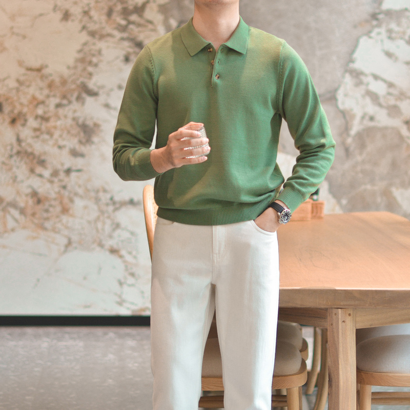 LAOSHU Mint Green Solid Color Vintage Lapel Knit Sweater Men's Casual Korean Style British Mature Polo Shirt Sweater Trendy