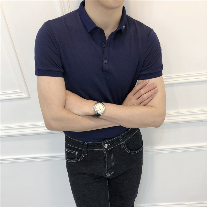 18 mùa xuân và mùa hè mới màu rắn Slim phiên bản Hàn Quốc của áo thun polo tay ngắn co giãn nam thanh niên đơn giản áo thun Paul áo sơ mi polo