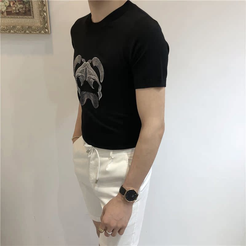 Jie Mo 18 Hàn Quốc Dongdaemun Nam Slim Ngắn Tay Áo Dệt Kim T-Shirt Chín Ping Road Thanh Niên Slim T-Shirt