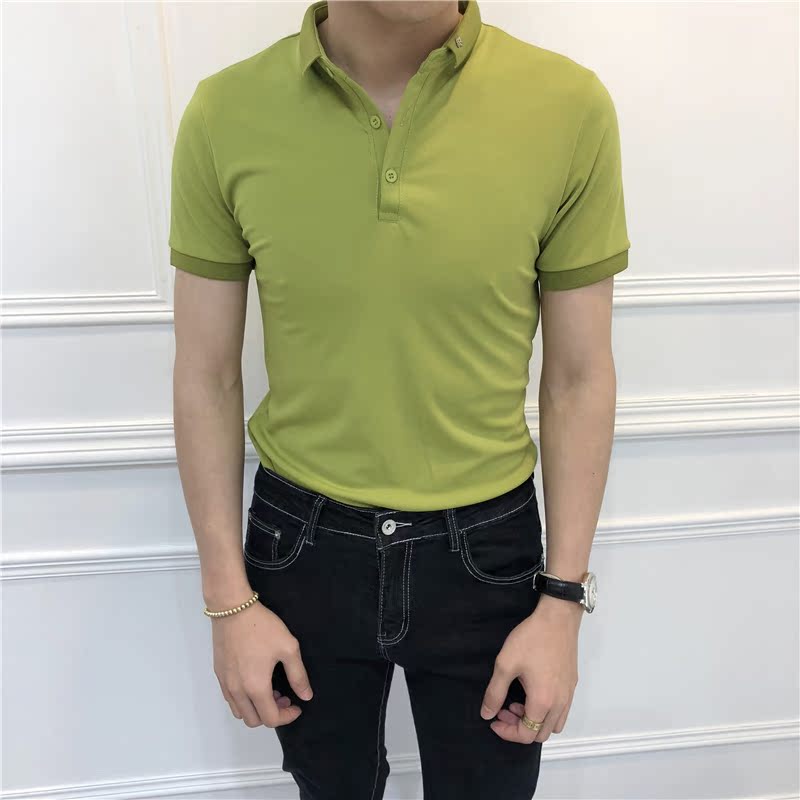 18 mùa xuân và mùa hè mới màu rắn Slim phiên bản Hàn Quốc của áo thun polo tay ngắn co giãn nam thanh niên đơn giản áo thun Paul áo sơ mi polo