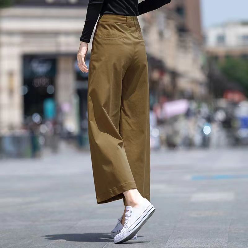 Cotton Nine-Point Wide-Leg Pants for Women, Summer Thin Style, 2025 New Model, Petite High-Waisted Straight Pants, Khaki Women's Pants