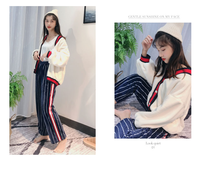 Bộ đồ ngủ bằng vải nhung san hô mùa thu đông dày phiên bản Hàn Quốc có thể mặc bên ngoài áo nỉ dài tay mùa đông bằng vải len đồ ngủ hình thú