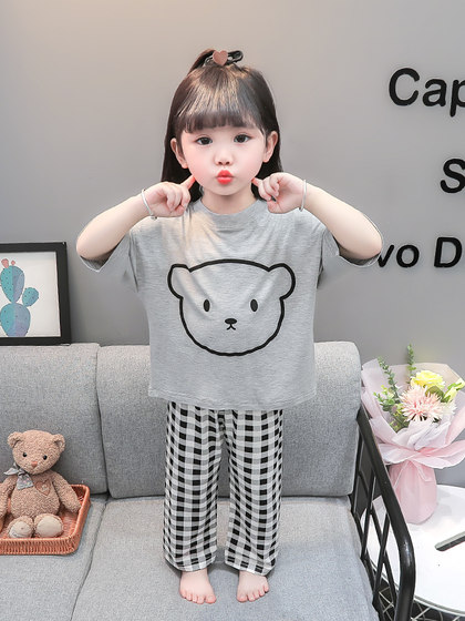 儿童睡衣女童春秋夏季薄款女宝家居服套装格子女孩纯棉莫代尔秋季
