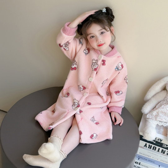 女童睡袍2025新款法兰绒保暖秋冬季女孩女宝宝儿童家居袍加厚冬装
