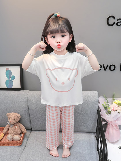 儿童睡衣女童春秋夏季薄款女宝家居服套装格子女孩纯棉莫代尔秋季