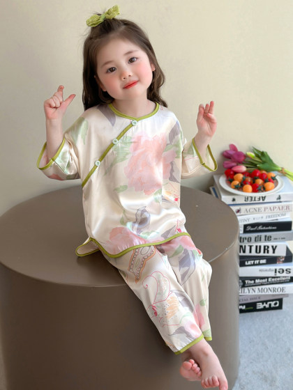 女童夏季冰丝睡衣2025新款儿童中国风家居服套装女宝宝舒适空调服