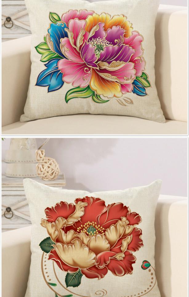 Trung Quốc hoa hoa mẫu đơn gió Fukki vẽ tay bông gối bìa sofa đệm xe thắt lưng gối lanh gối vuông - Trở lại đệm / Bolsters gối vuông trang trí
