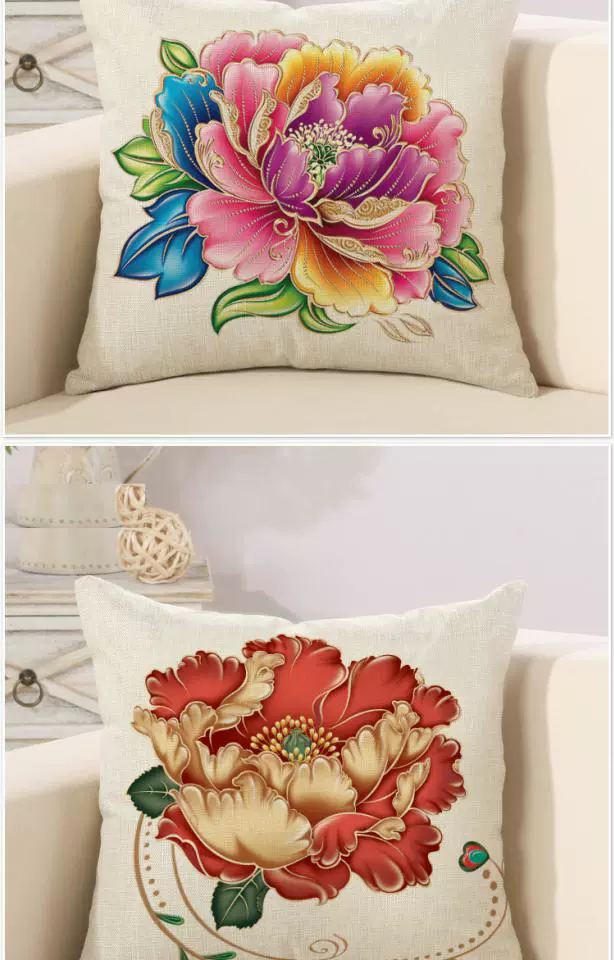 Trung Quốc hoa hoa mẫu đơn gió Fukki vẽ tay bông gối bìa sofa đệm xe thắt lưng gối lanh gối vuông - Trở lại đệm / Bolsters gối chăn 2 trong 1