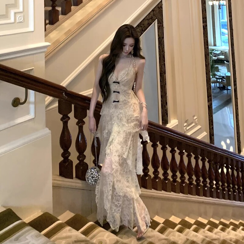 Birthday Party Dress, High-End French Lace Dress, Elegant and Stunning Long Dress for Banquets, V-Neck Strap Dress