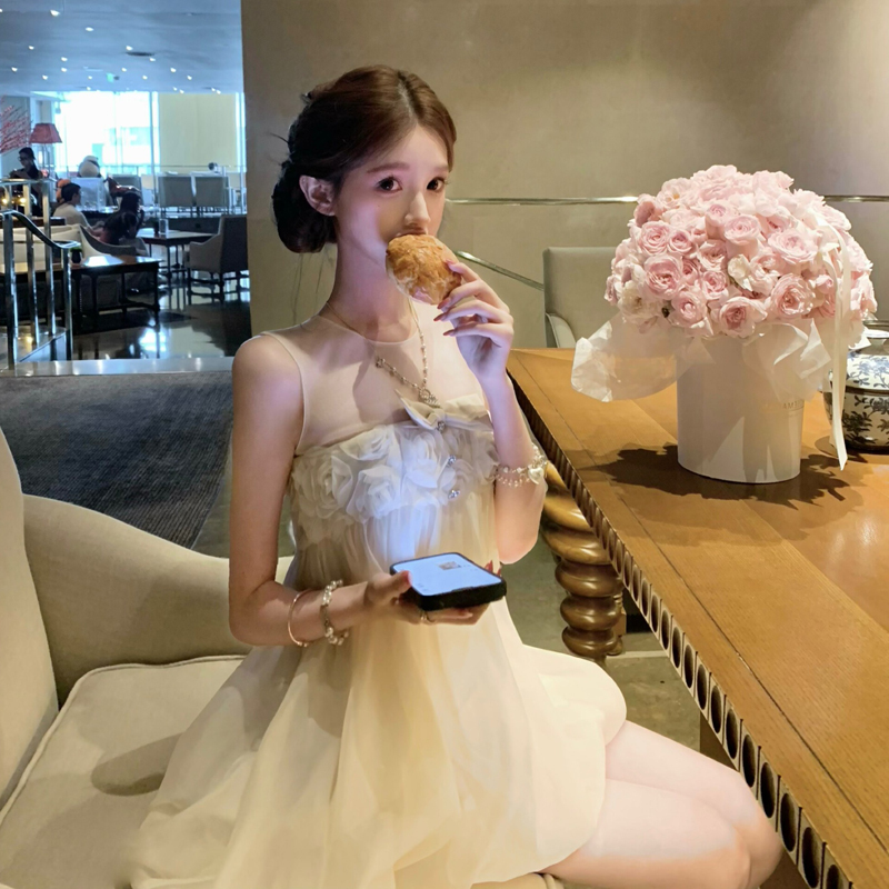 Birthday Dress with a High-End Feel, Outfit for a Rich Girl, Petite Puff Flower Skirt, French-Style Mesh Dress for Women