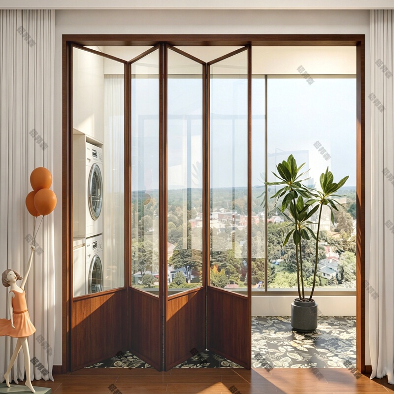 French-Style Retro Kitchen Folding Door, Balcony Bedroom Glass Sliding Door, Titanium Magnesium Alloy Hidden Pocket Partition Door