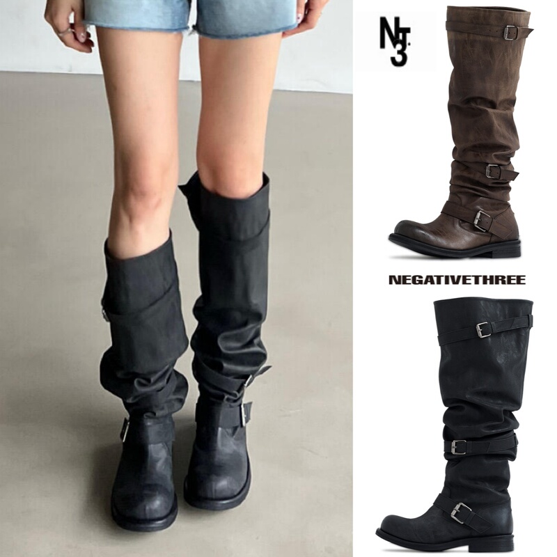 Negativethree Washed Boots, Zhang Yuanying's Same Style, Nt3 Three-Strap Buckle Over-The-Knee Long Boots, Knight-Style Slouch Boots
