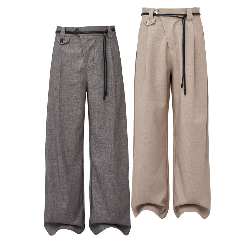 Taichiism 2025 Spring Linen Textured Diagonal Placket Drawstring Trousers Commuting Casual Long Pants Blended Wide-Leg Pants Taichiism 2025 Spring Linen Textured Diagonal Placket Drawstring Trousers Commuting Casual Long Pants Blended Wide-Leg Pants