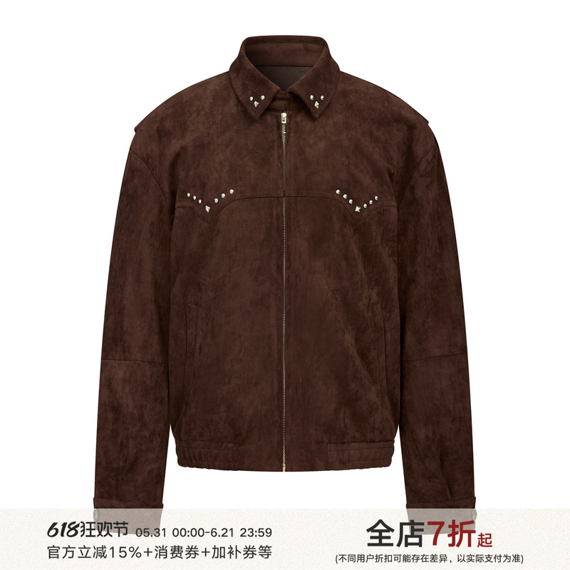 Taichiism “Western Wanderer” Suede Lapel Studded Short Wide Boxy Barn-Style Spring Jacket