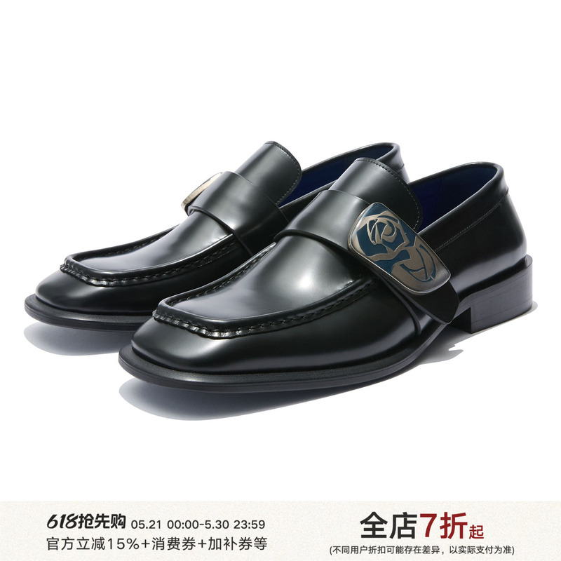 Taichiism "Rose Loafer” Rose-Engraved Contrasting Blue Genuine Leather Old Money Elegant Low-Top Leather Shoes