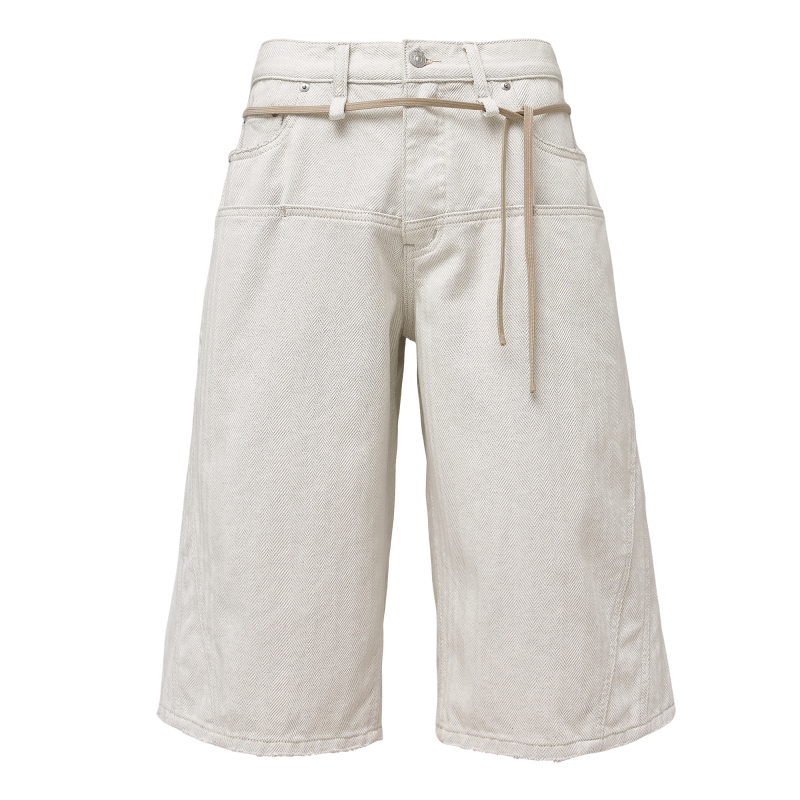 Taichiism “Milk White Lace-Up” Summer Shorts, Seven-Point Length, Cleanfit Comfortable Baggy Jeans