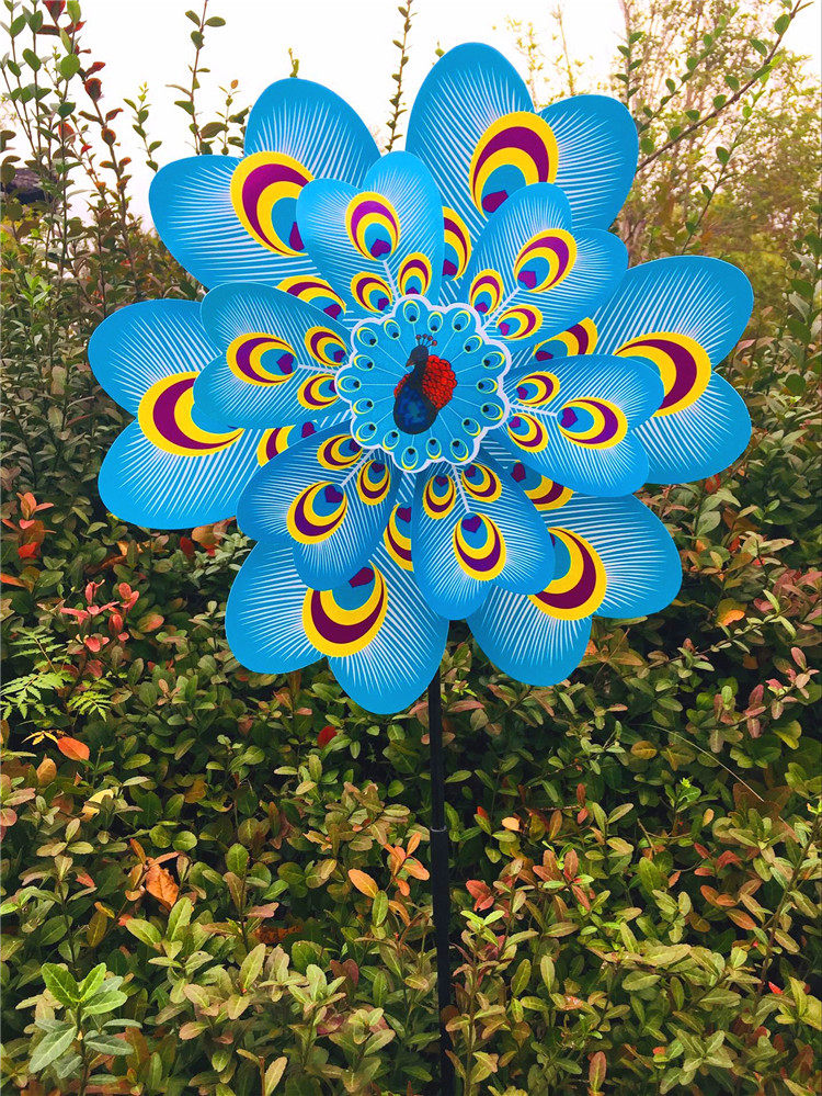 38cm Double Layer Peacock Large Windmill Black Pole Inserts Windmills Landscaped Farmstead Garden Decorated Children Toy Windmills
