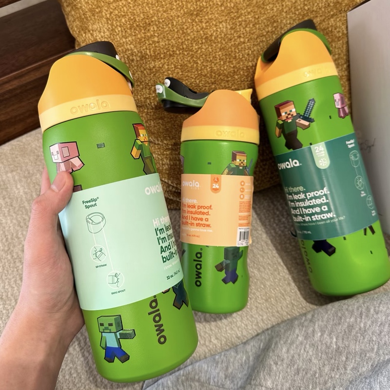 Owala Kidsren's Double Drinking Cup Freesip Thermos Cup Mc Minecraft Co-Branded Portable Strap Water Cup Owala Kidsren's Double Drinking Cup Freesip Thermos Cup Mc Minecraft Co-Branded Portable Strap Water Cup