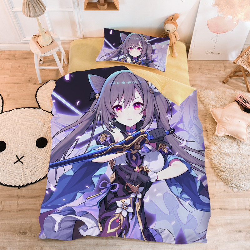 Yuanshen animation student bed three-piece bed set 1 2m bed carved clear quilt cover two-dimensional mobile game quilt cover four-piece set