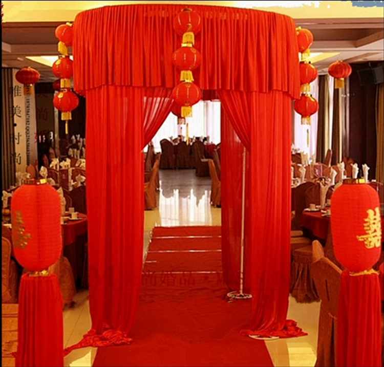 Chinese wedding props big red round pavilion wedding hall cloth sand curtain wedding Chinese background gauze curtain four corner pavilion flower room wedding pavilion