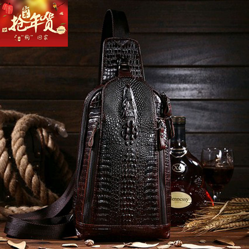 New 2021 Korean version of the crocodile pattern leather men's chest bag trendy retro first layer cowhide men's bag shoulder messenger bag